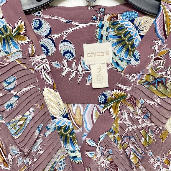 Chico’s Jacobean Bouquet Pleated Ruffle Long Sleeve Blouse Size 2/ US L - Picture 8 of 11